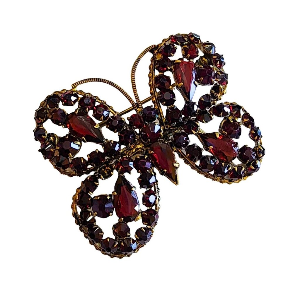 Antique Amazing Signed Czechoslovakia Garnet Glass Butterfly Brooch (A1798)